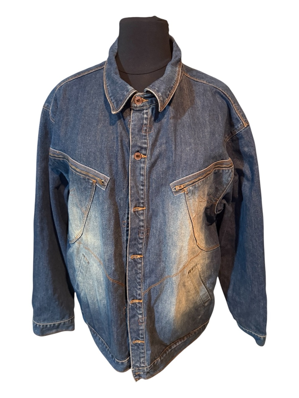 Azzure outerwear Men's Washed Blue Denim  Rockabilly Biker JacketSZ 2XL Pre-Love
